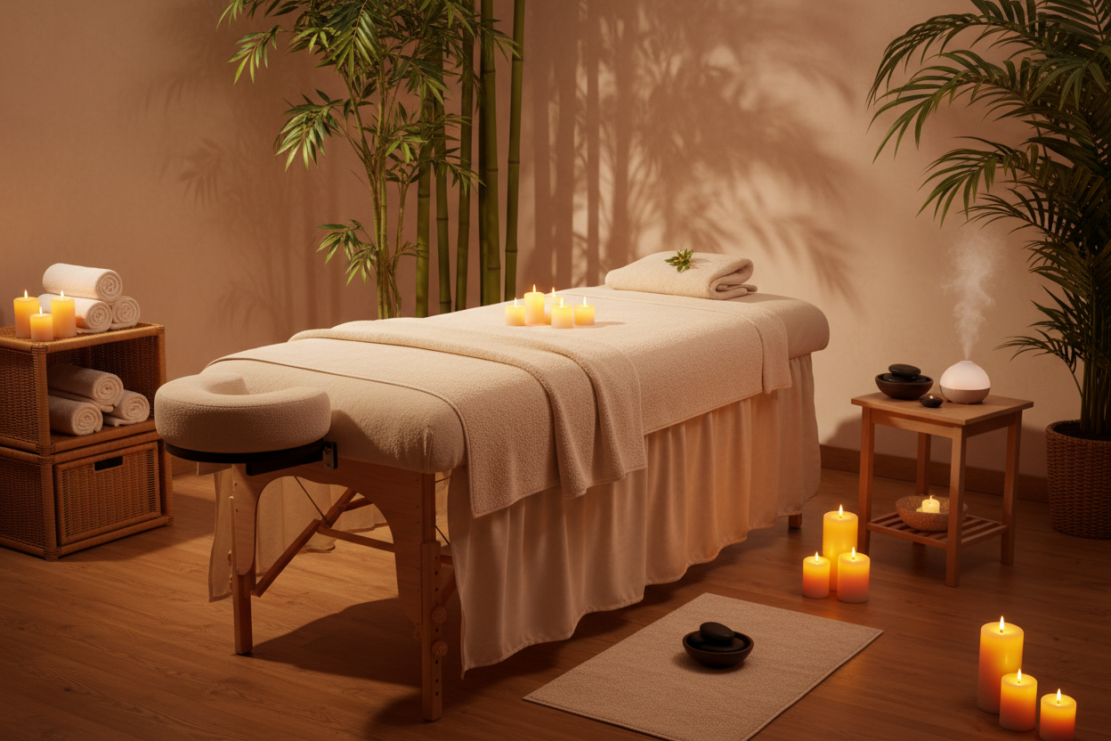 aesthetic massage setup 4k with candles lit and good lighting with warm colors